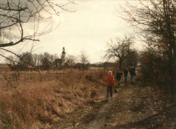 Widok od strony kolejki szprotawskiej na wie Broniszw (koci). 06 marca 1994, fot. M. Bonisawski