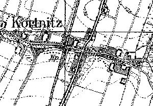 Fragment niemieckiej mapy topograficznej okolic Kartowic z 1933 r. Na rodku wida przystanek kolejowy.