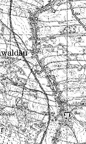 Fragment niemieckiej mapy topograficznej Broniszowa z 1933 r. W dolnej czci, na lewo od zabudowa wsi wida Haltepunkt (Hp). Mona chyba odczyta nitk bocznicy, ale napewno nie wida zaznaczonych adnych trwaych zabudowa.