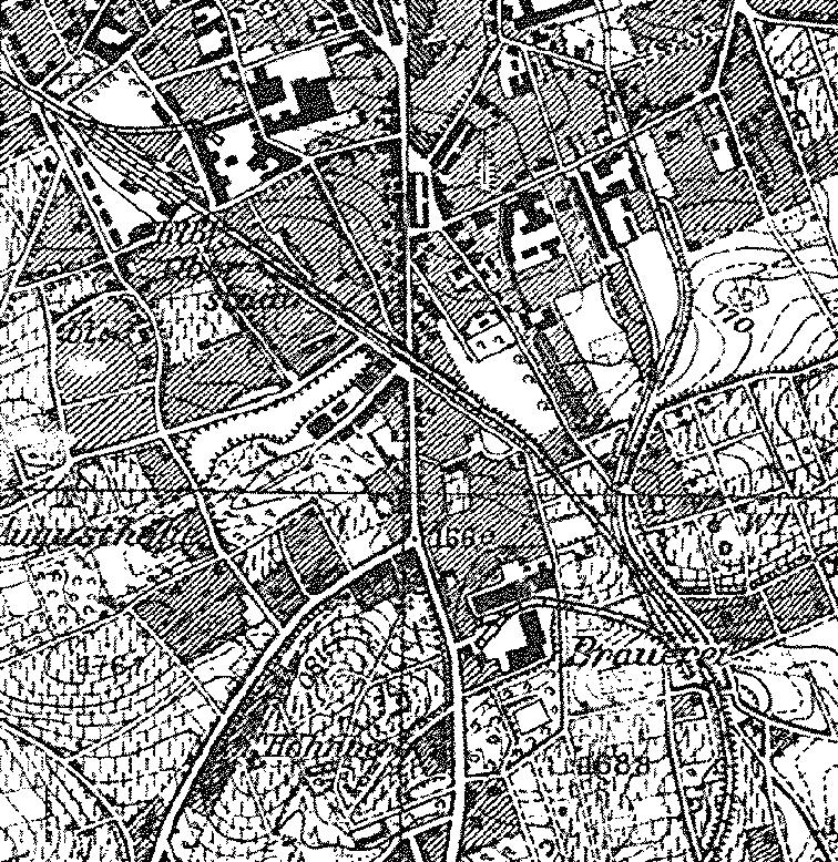 Fragment niemieckiej mapy topograficznej z 1933 r. W lewym grnym rogu rozjazdy i torowiska stacji Zielona Gra Oberstadt. Z lewej strony, z dou rozjazd krzyowy przy browarze i dwie bocznice (w gr mapy prowadzi bocznica do zakadw wenianych). Gwny