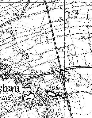 Fragment niemieckiej mapy topograficznej okolic Wichowa. W środkowej części z prawej, poniżej skrzyżowania z drogą, widać stację kolejową z dworcem, magazynem i bocznicą.