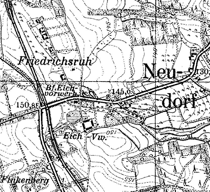 Fragment niemieckiej mapy topograficznej okolic Dębiczki z 1933 r.. Z prawej strony widać stację kolejową (Bf - Banhoff) z bocznicą i budynkiem.
