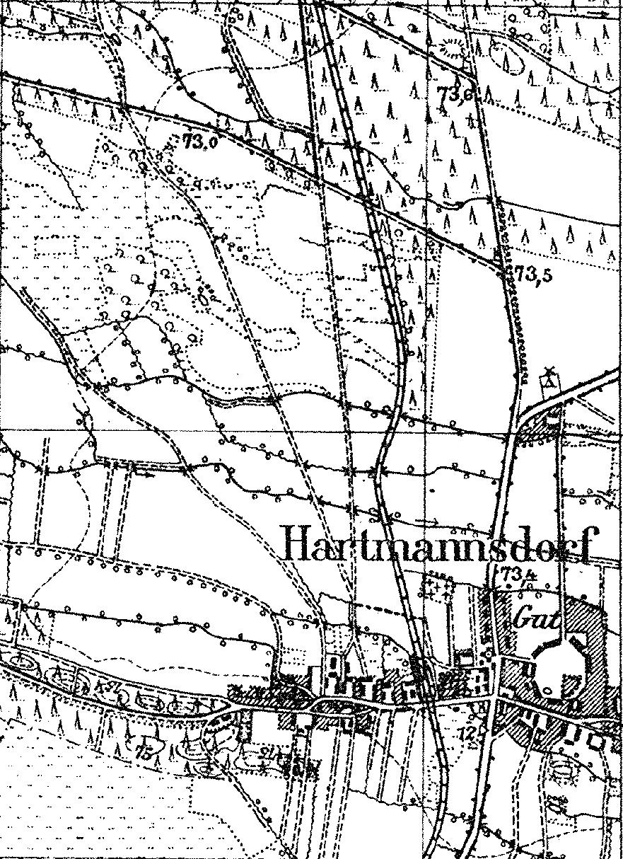 Fragment niemieckiej mapy topograficznej okolic Jarogniewic z 1933 r. Po środku widać stację kolejową, prawodpodobnie z jednym bocznym torem (mijanka) od strony szosy (z prawej).