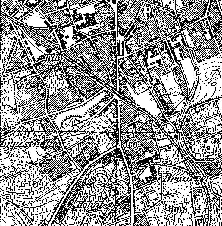 Mapa z 1933 r. W prawym dolnym rogu rozjazd przy browarze. Do gry odchodzi bocznica do zakadw wenianych. Do gry w lewo tor idzie do stacji Grne Miasto. Po drodze nic nie zaznaczono.