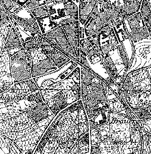 Mapa z 1933 r. W prawym dolnym rogu rozjazd przy browarze. Do góry odchodzi bocznica do zakładów wełnianych. Do góry w lewo tor idzie do stacji Górne Miasto. Po drodze nic nie zaznaczono.