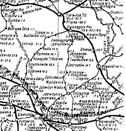 Schemat sieci  kolejowej (fragment) z 1946 roku. Źródło: www.sentymentalny.com